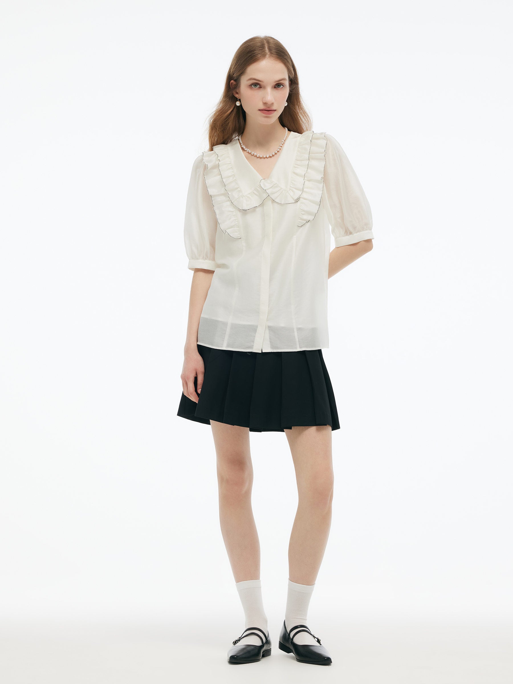 Tencel Blend Ruffle V-Neck Women Shirt With Layered Camisole GOELIA