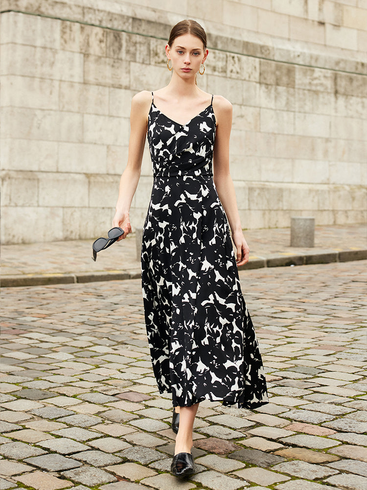 19 Momme Mulberry Silk Iris Printed Women Maxi Spaghetti Strap Dress With Scrunchie GOELIA
