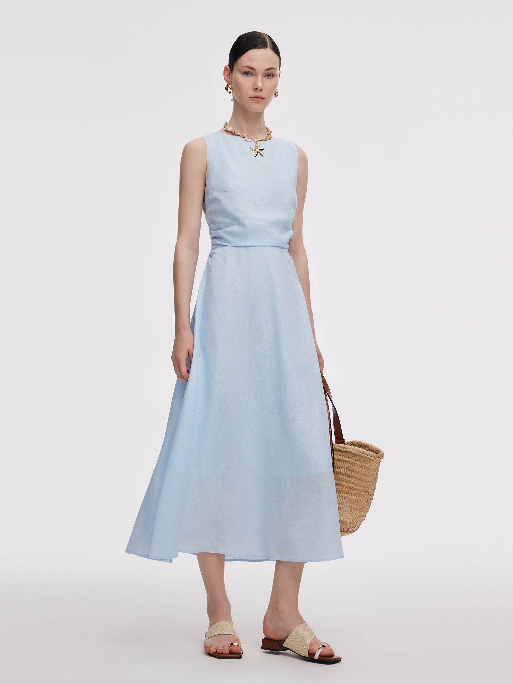 100% Linen Cross Back Women Maxi Dress GOELIA