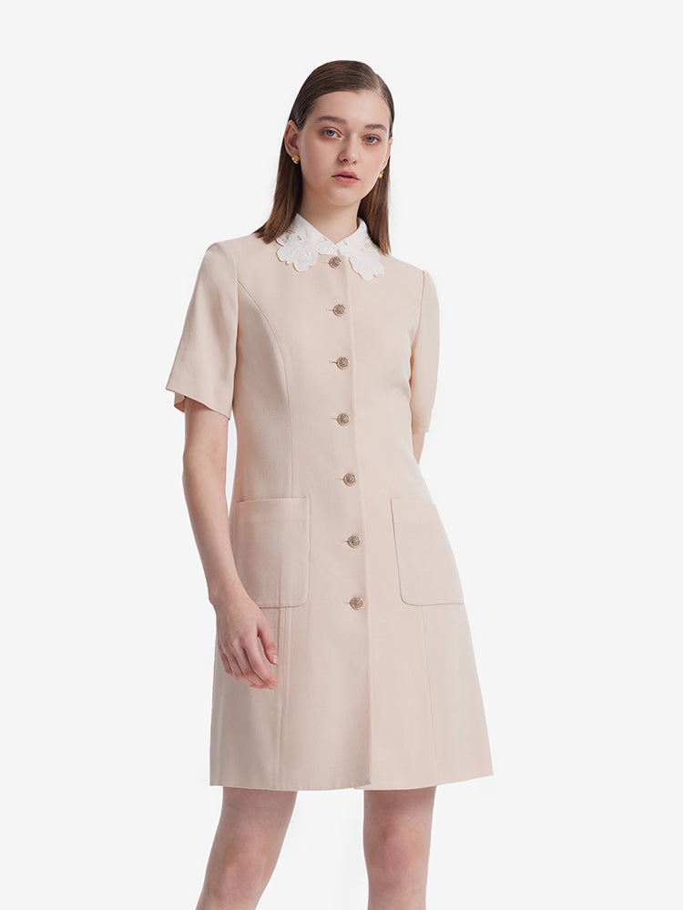 Acetate Single-Breasted Women Mini Dress With Detachable Lace Collar GOELIA