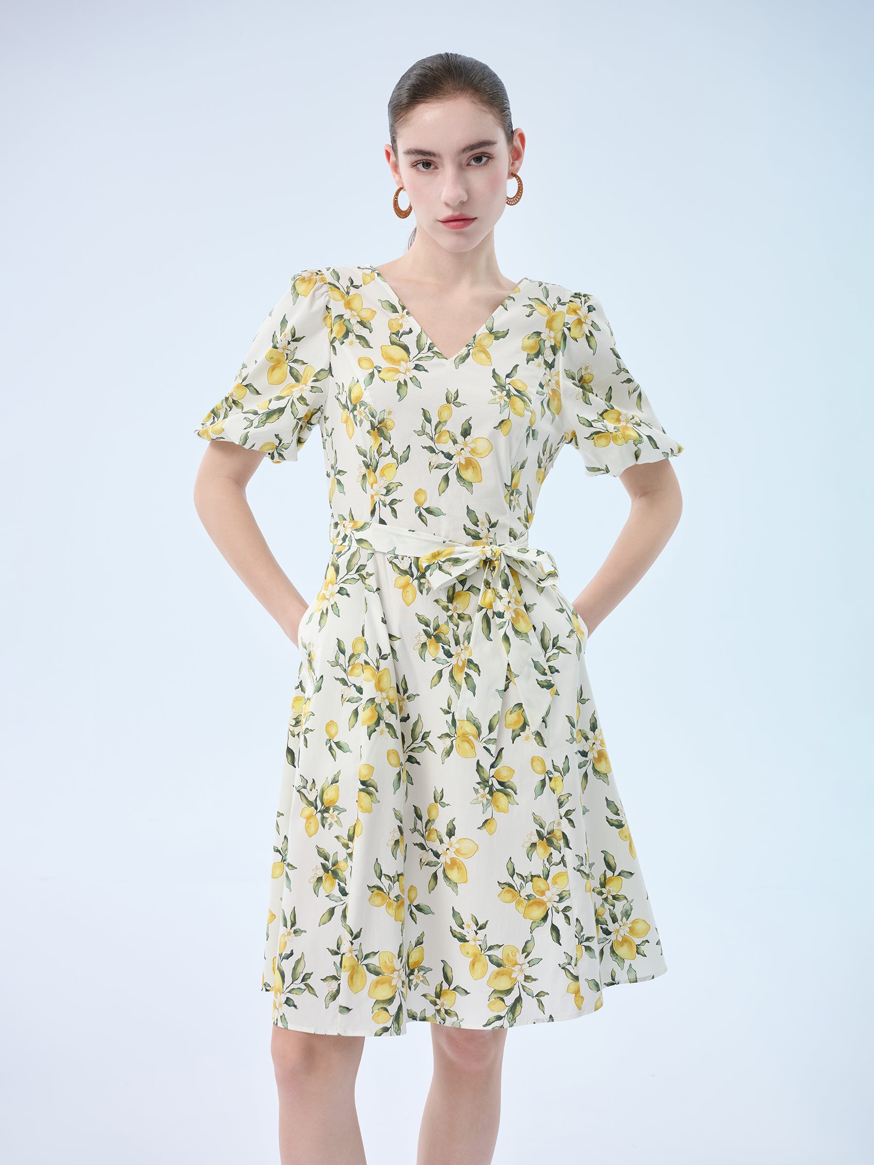Cotton Lemon Print V-Neck Women Belted Midi Dress – GOELIA Cotton Lemon Print V-Neck Women Belted Midi Dress – GOELIA