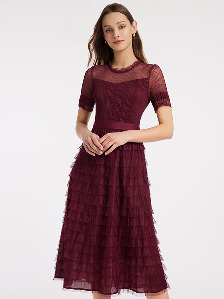 Short Sleeve Tulle Tiered Maxi Dress GOELIA
