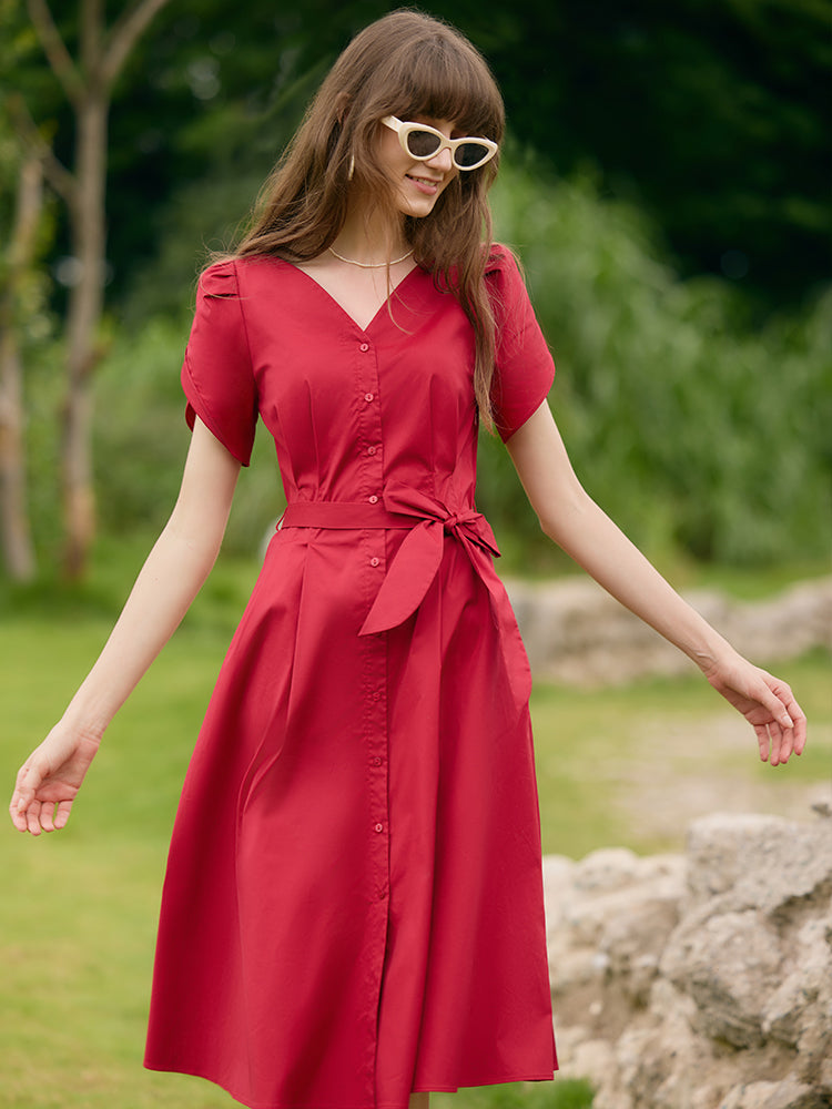 Petal Sleeves Gathered Waist V-Neck Women Midi Dress With Belt GOELIA