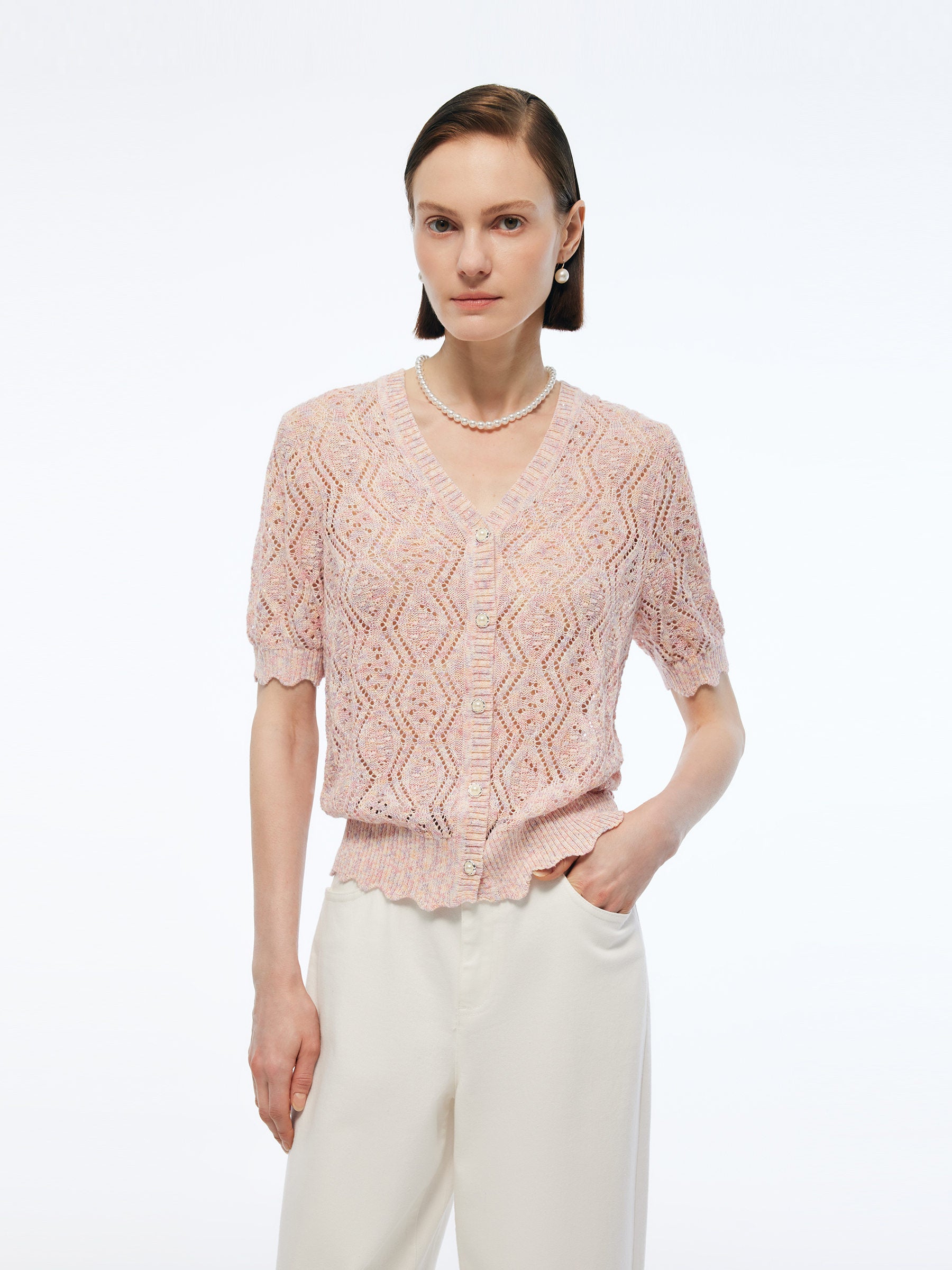 Openwork Sequins Women V-Neck Cardigan GOELIA