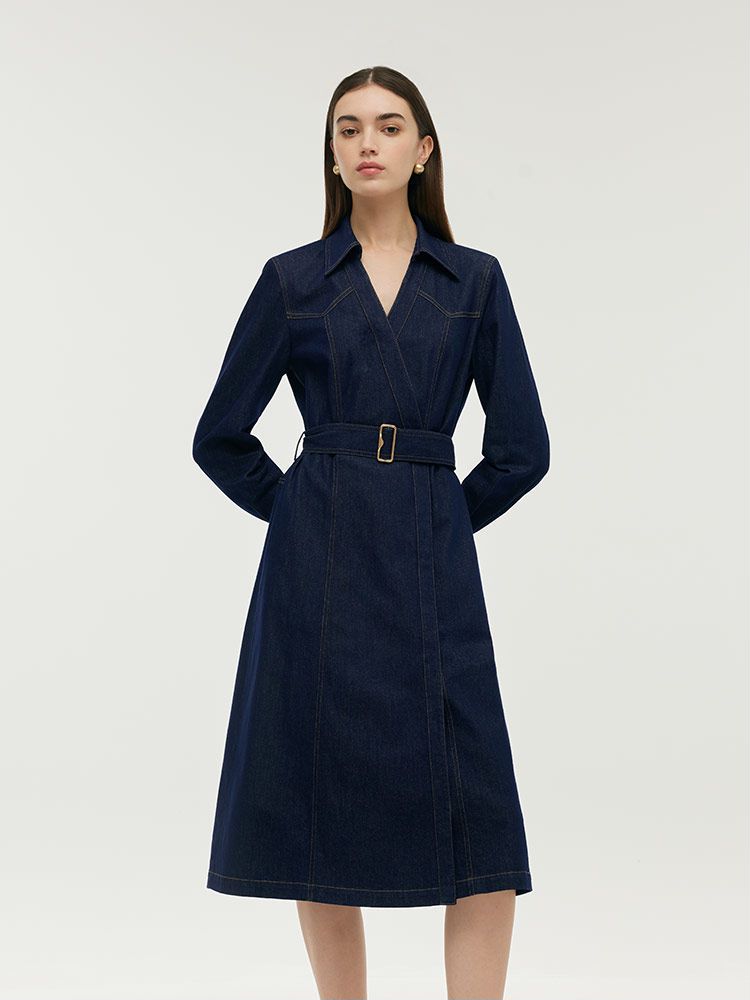 Denim Lapel Women Midi Dress With Belt GOELIA