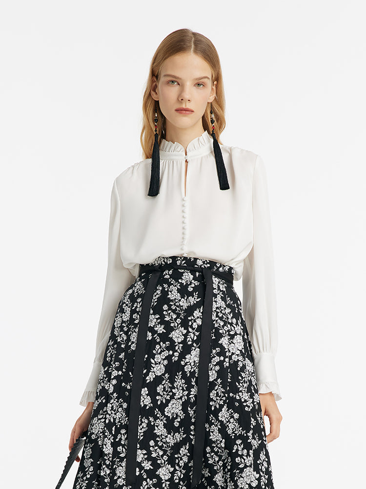Diacetate Ruffle Mandarin Collar Women Blouse GOELIA
