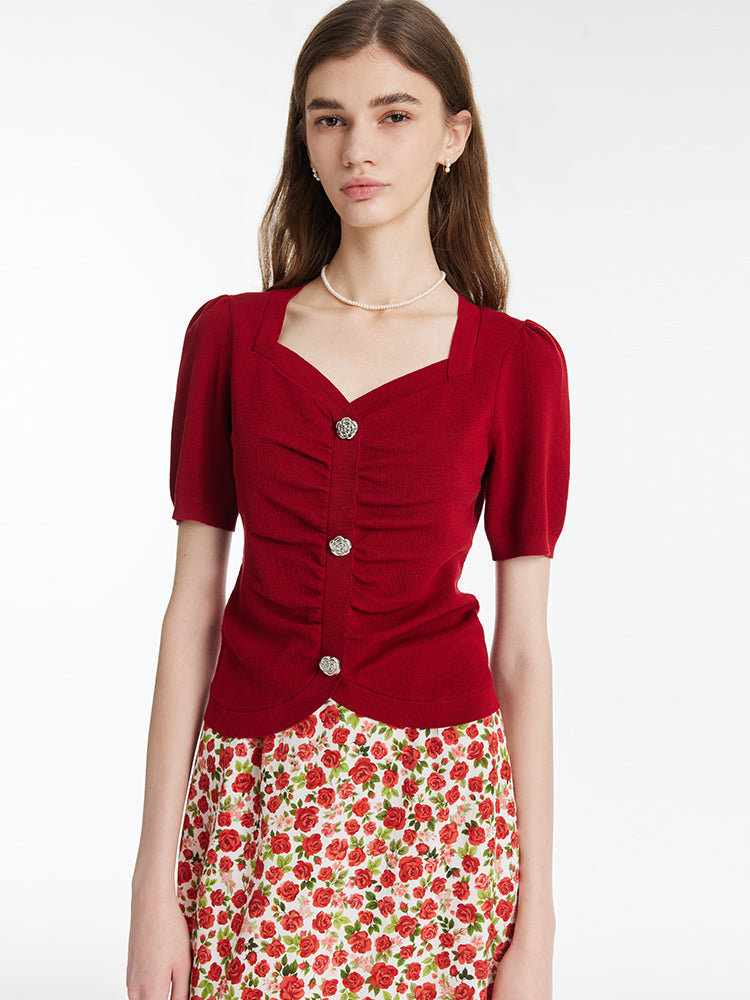 Tencel-Silk Blend Ruched Women Knit Top With Rose Shaped Button GOELIA