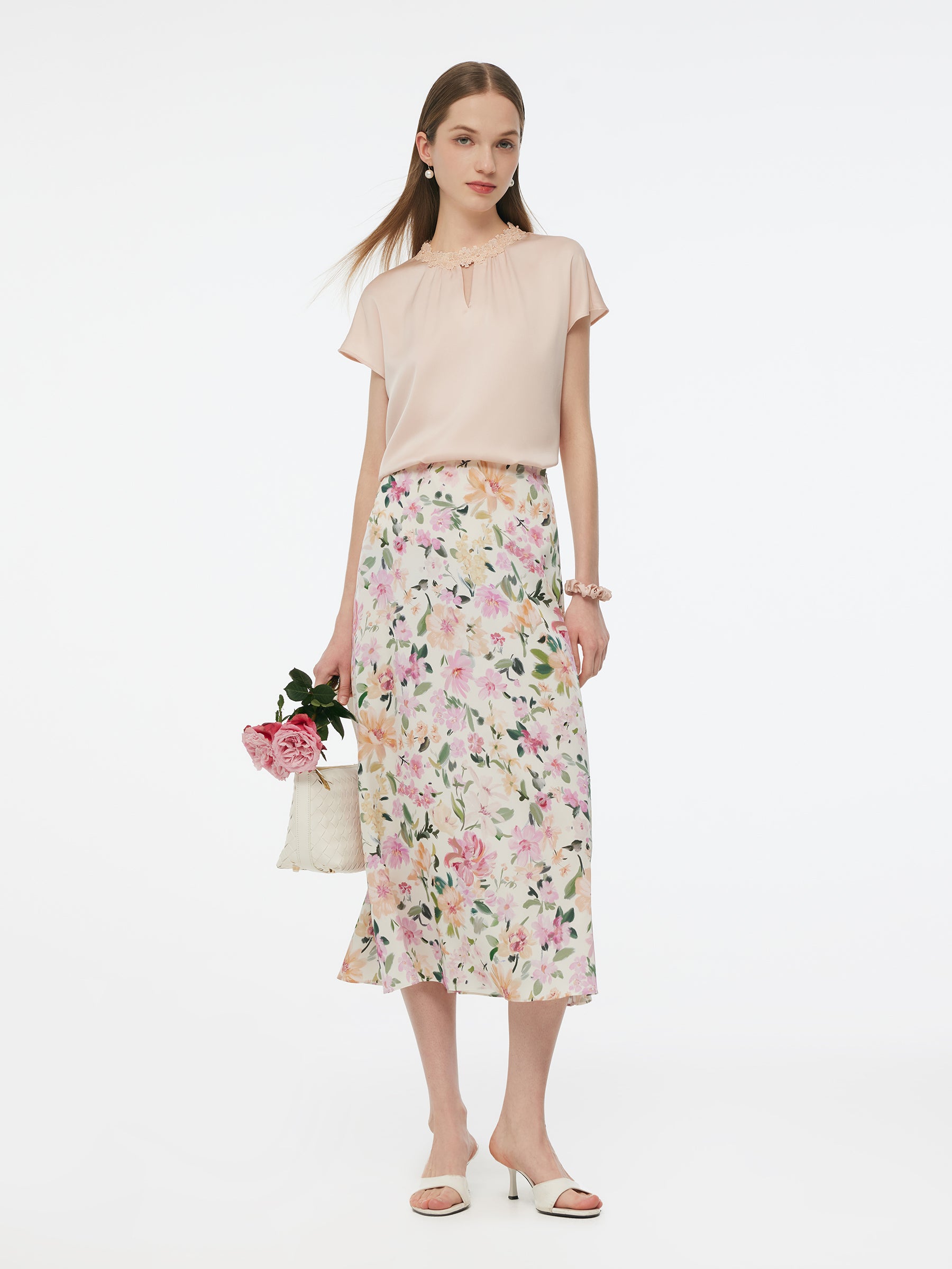19MM Mulberry Silk Floral Print Women Skirt GOELIA