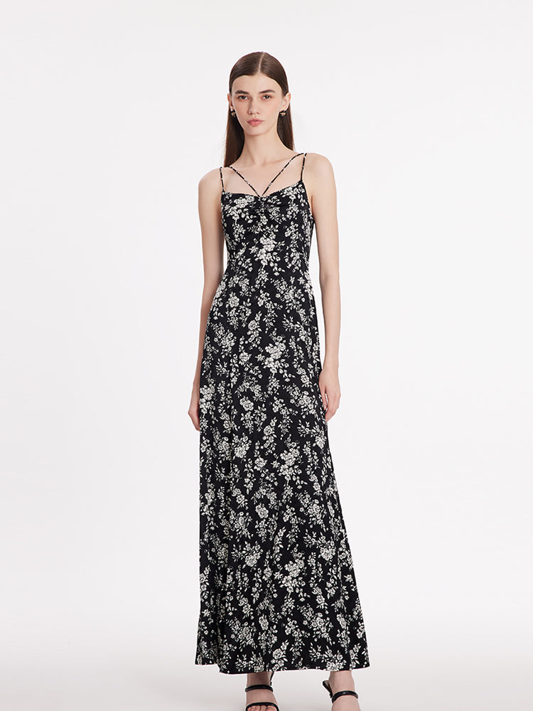 Camellia Printed Spaghetti Strap Women Maxi Dress GOELIA