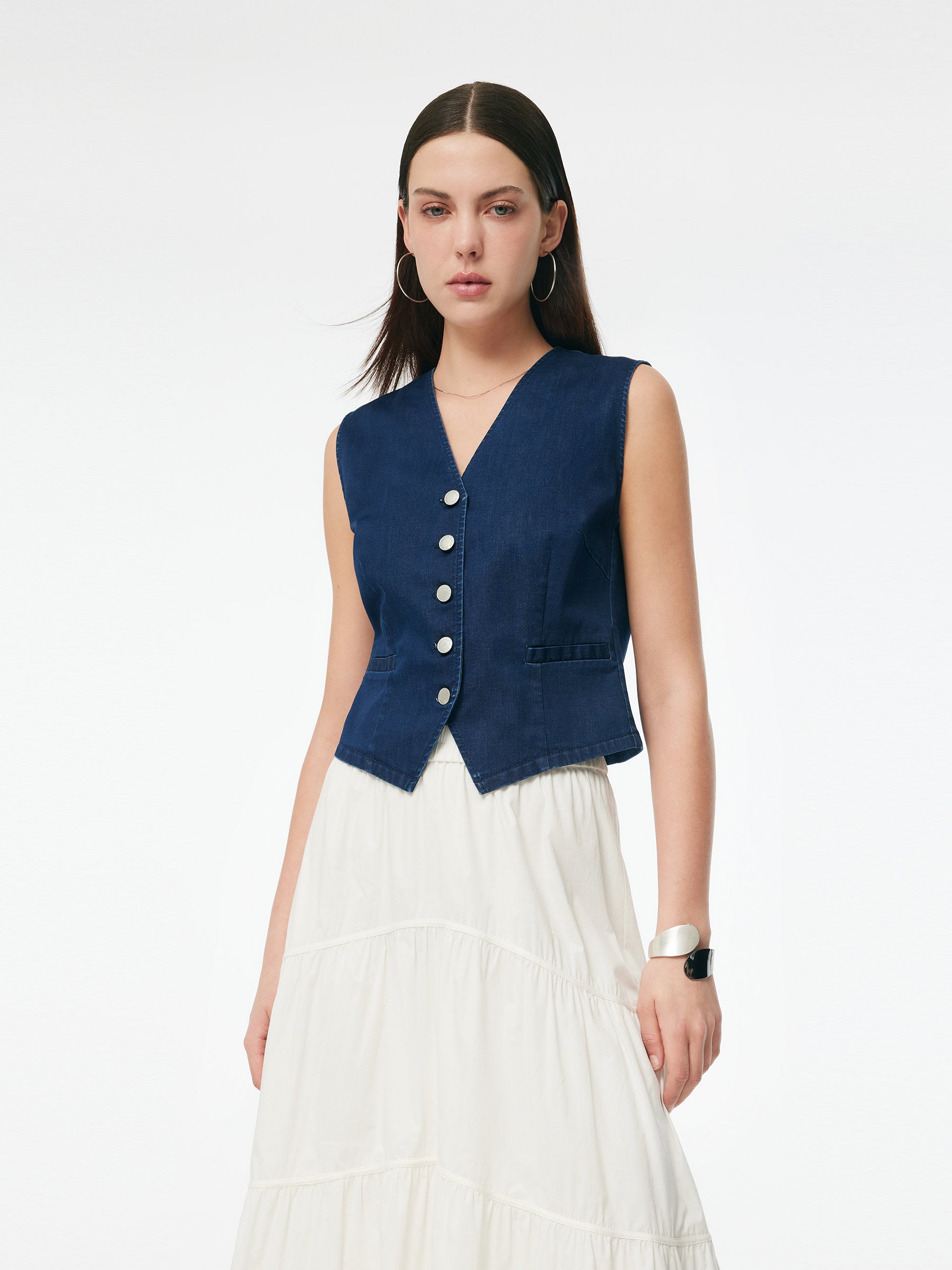 Denim Single-Breasted Women Stretchy Vest GOELIA