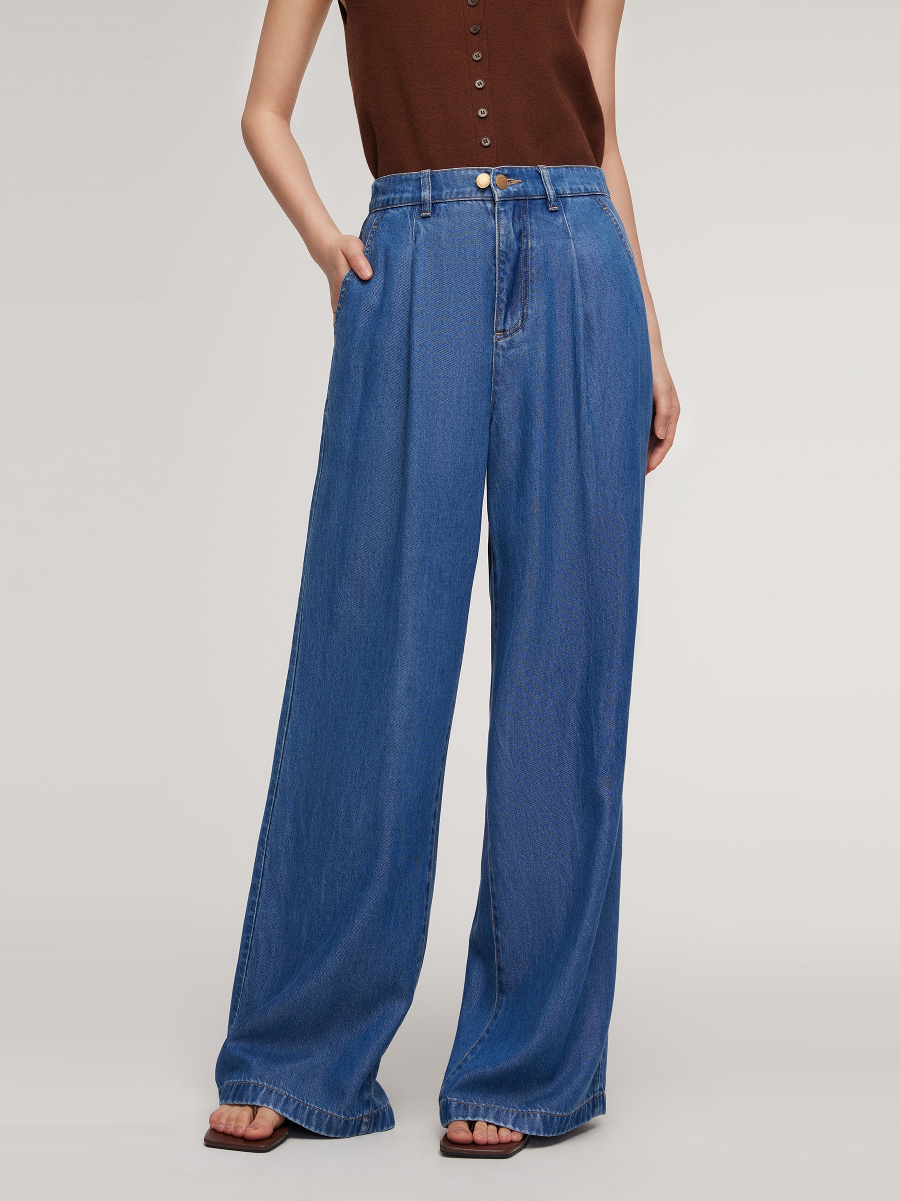 100% Tencel Denim Elastic Waist Women Full Length Jeans GOELIA