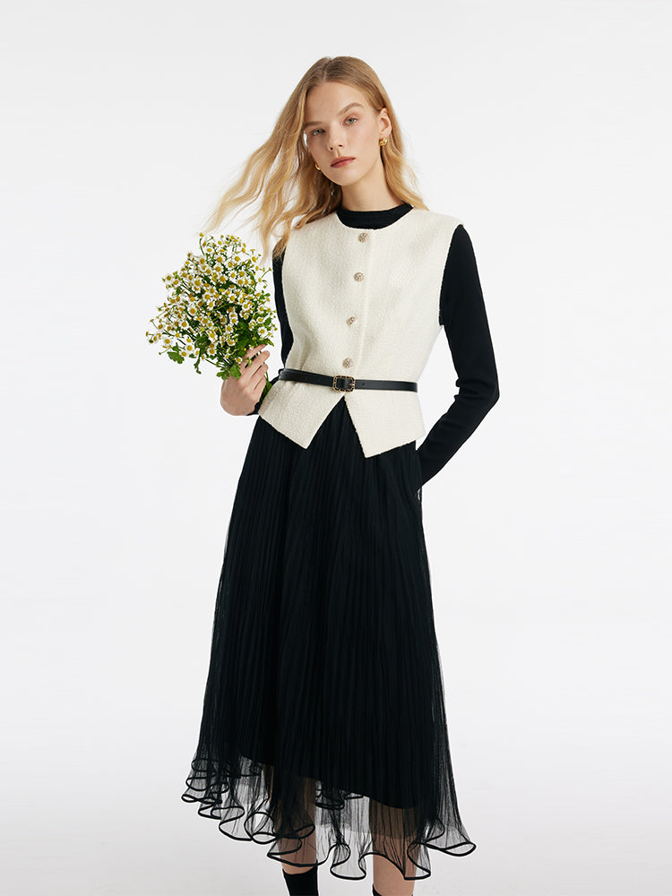 Sheath Sweater And Tulle Skirt And Vest Three-Piece Set With Belt GOELIA