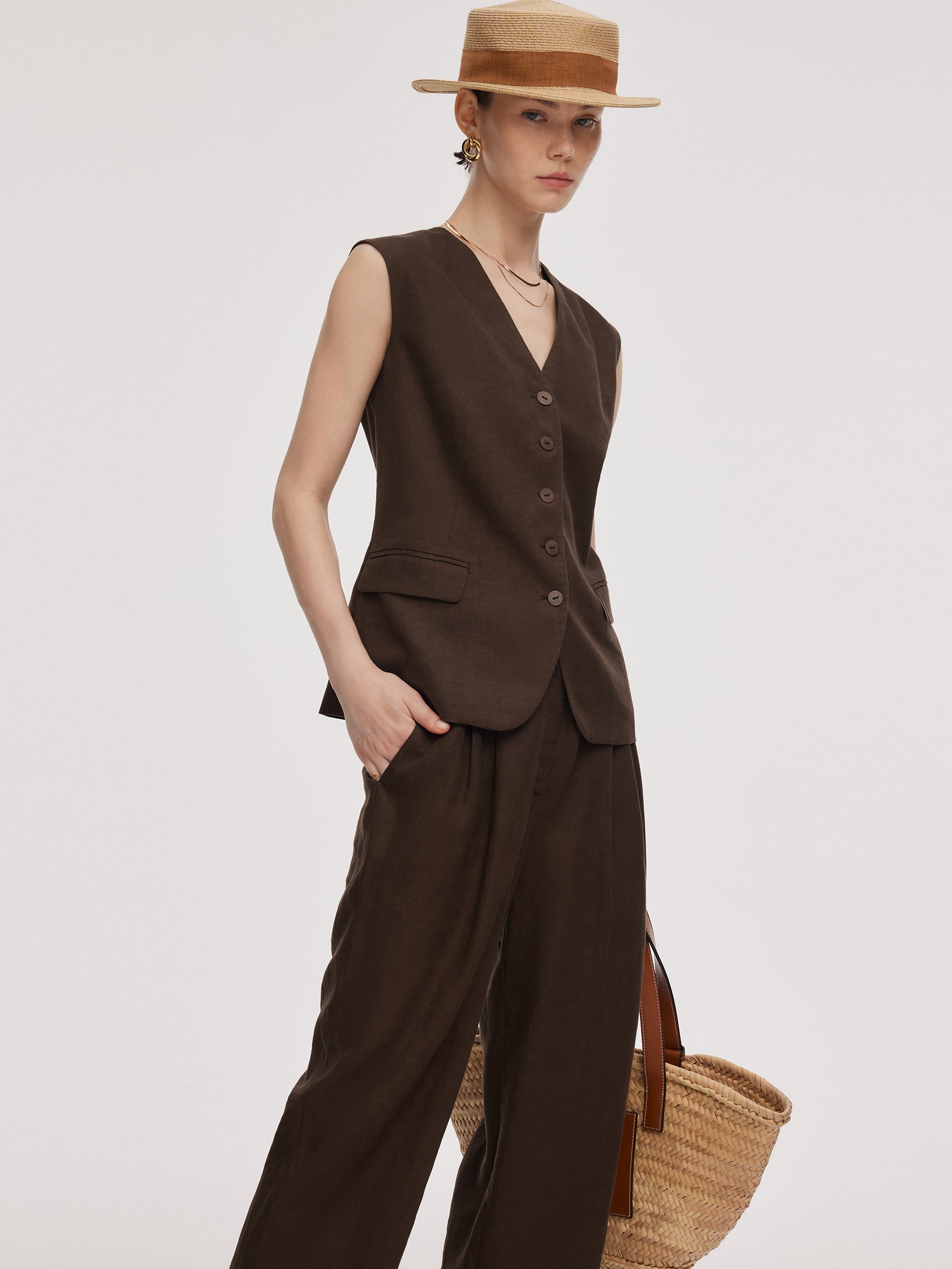 100% Linen Women V-Neck Vest GOELIA