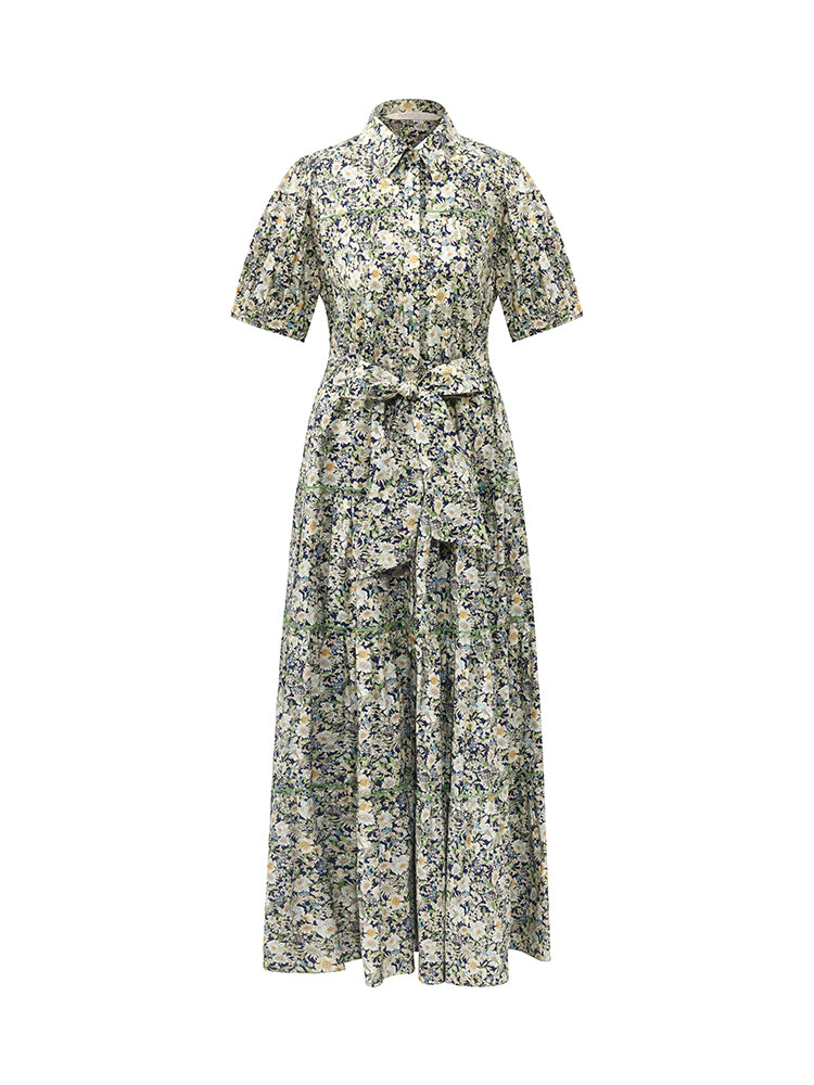Floral Printed Lapel Tiered Women Midi Dress With Belt GOELIA
