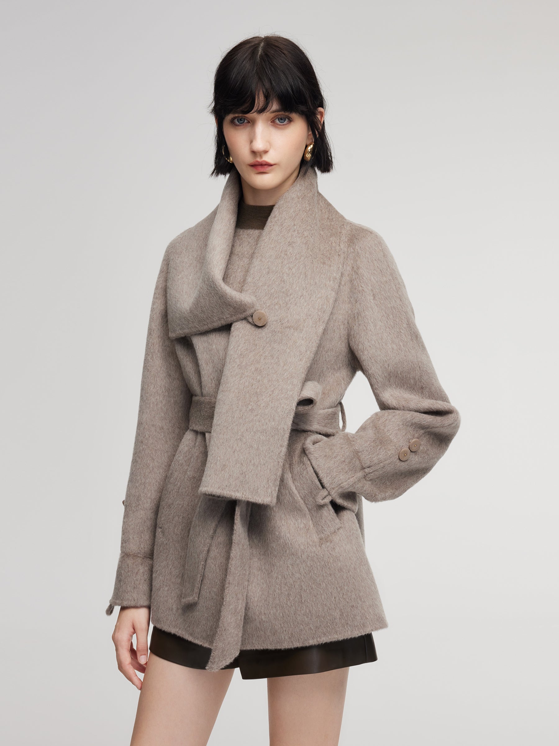 Alpaca Wool Blend Double-Faced Women Wrap Coat With Scarf GOELIA