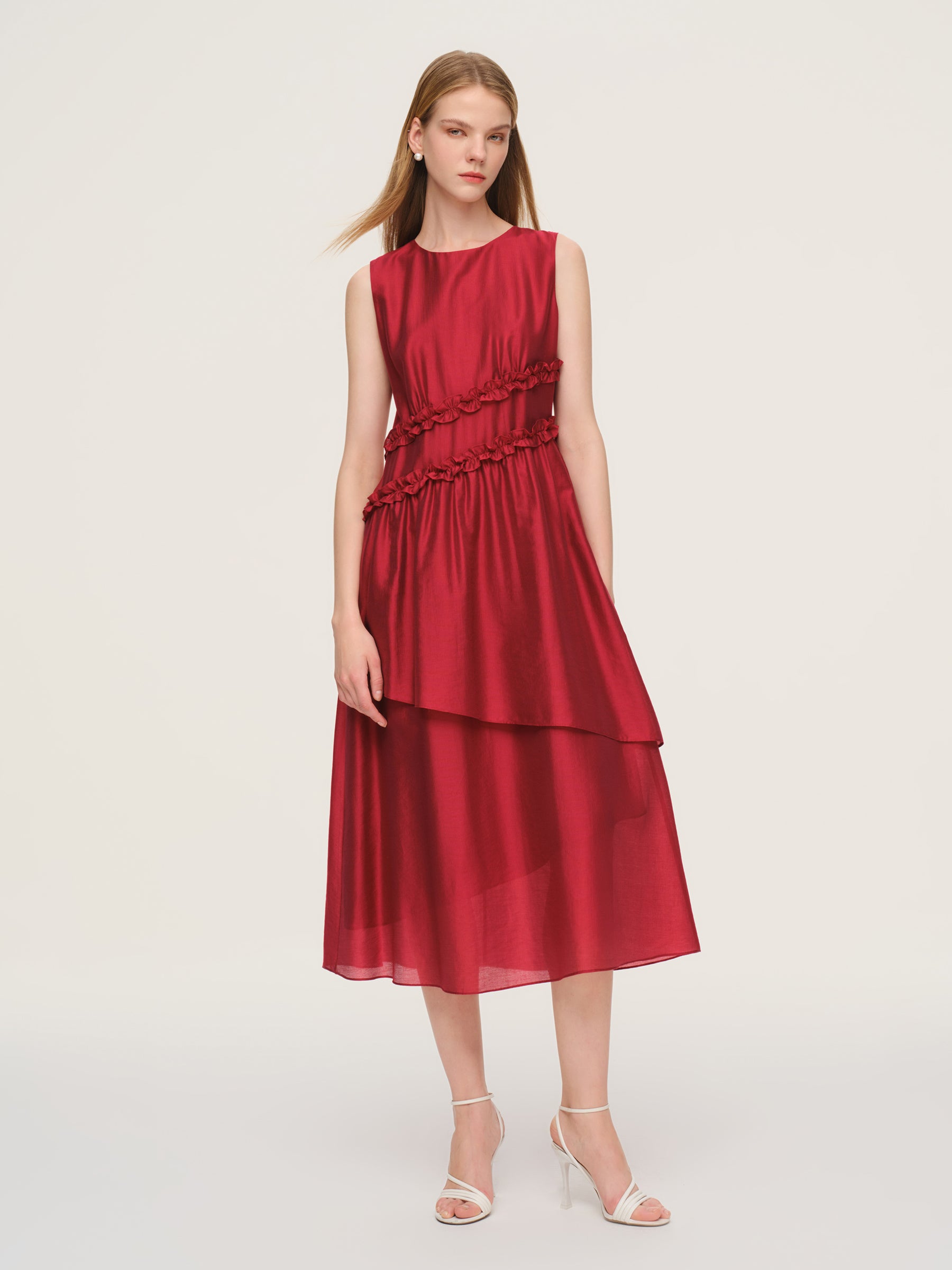 Tencel Blend Ruffle Women Sleeveless Tiered Maxi Dress, Chili Red / S Tencel Blend Ruffle Women Sleeveless Tiered Maxi Dress, Chili Red / S