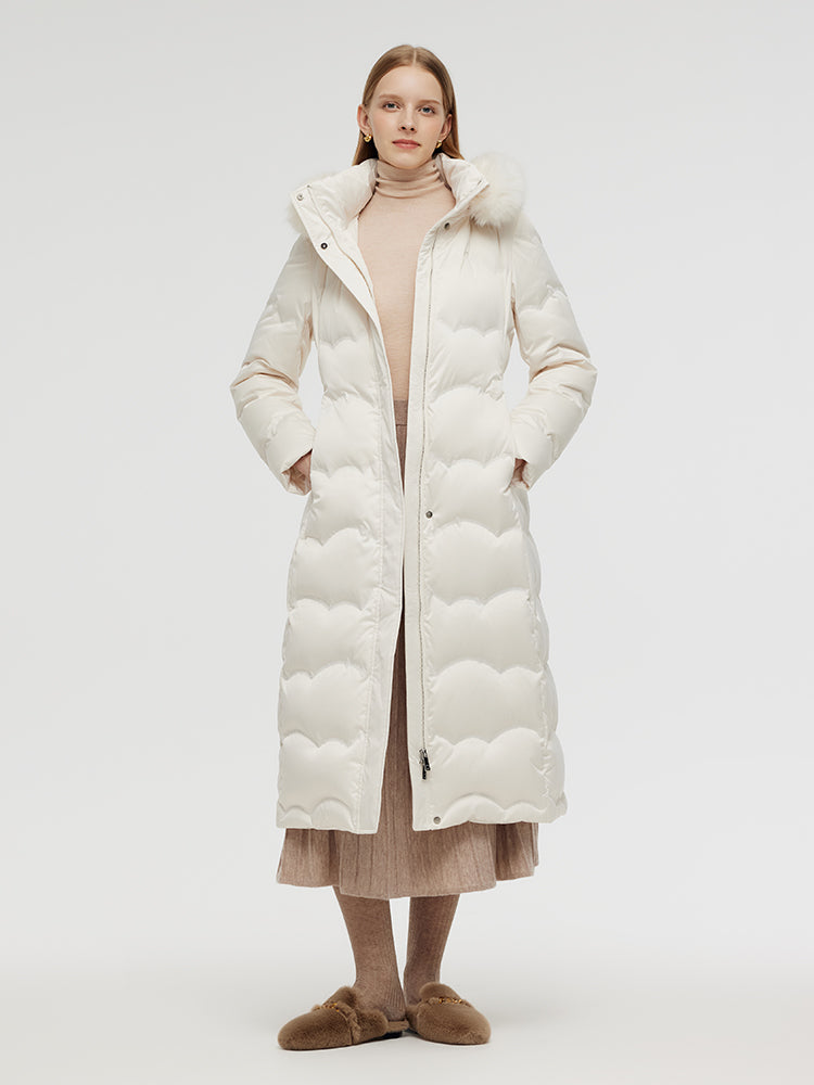 Belted Long Goose Down Coat With Detachable Faux Fur Hood GOELIA