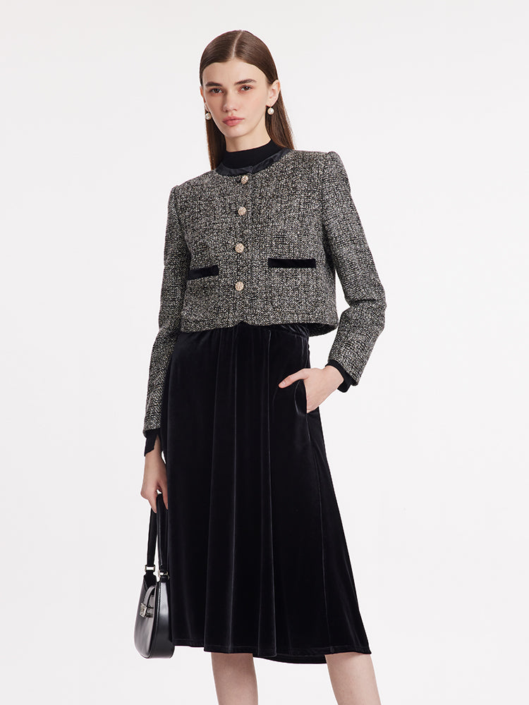 Single-Breasted Tweed Jacket And Velvet Skirt Two-Piece Set GOELIA