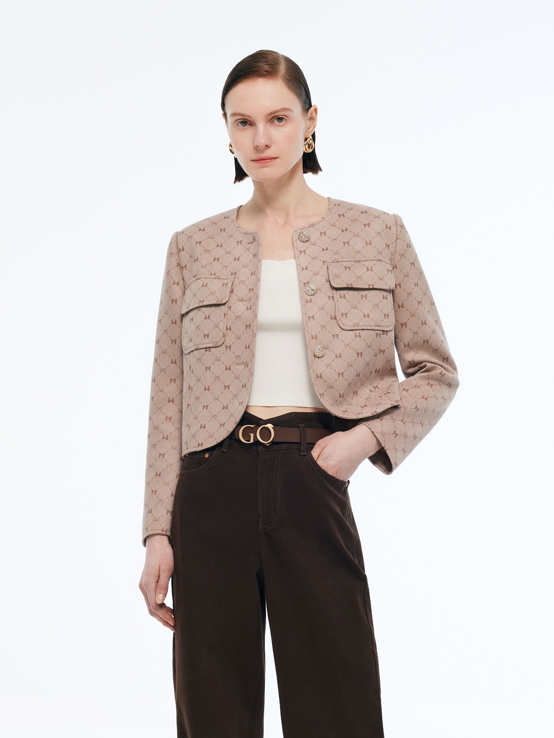 Faux Suede Round Neck Women Crop Jacket GOELIA