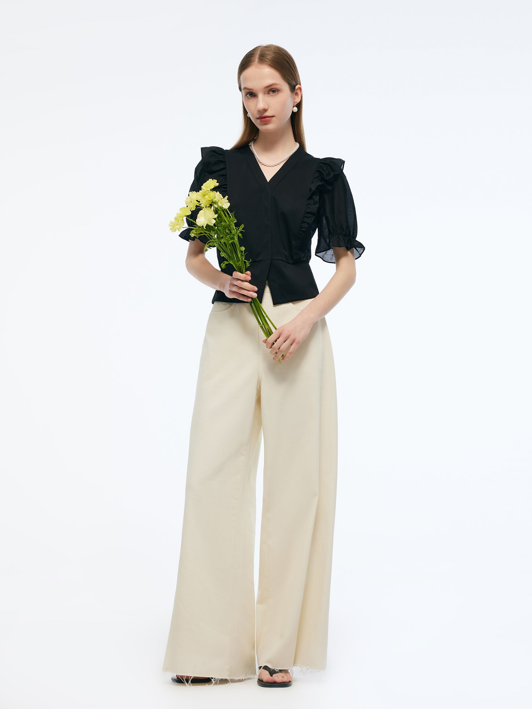 Tencel Blend Puff Sleeve Women Ruffe Patchwork Top GOELIA