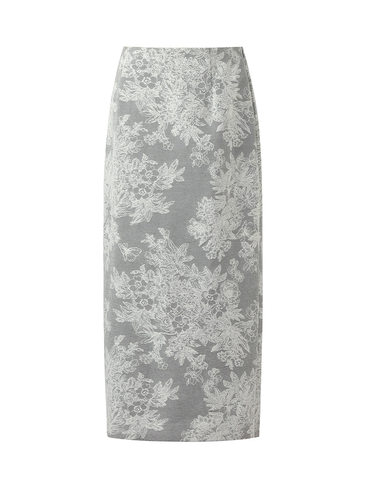 Silver Floral Jacquard Women Column Midi Skirt GOELIA