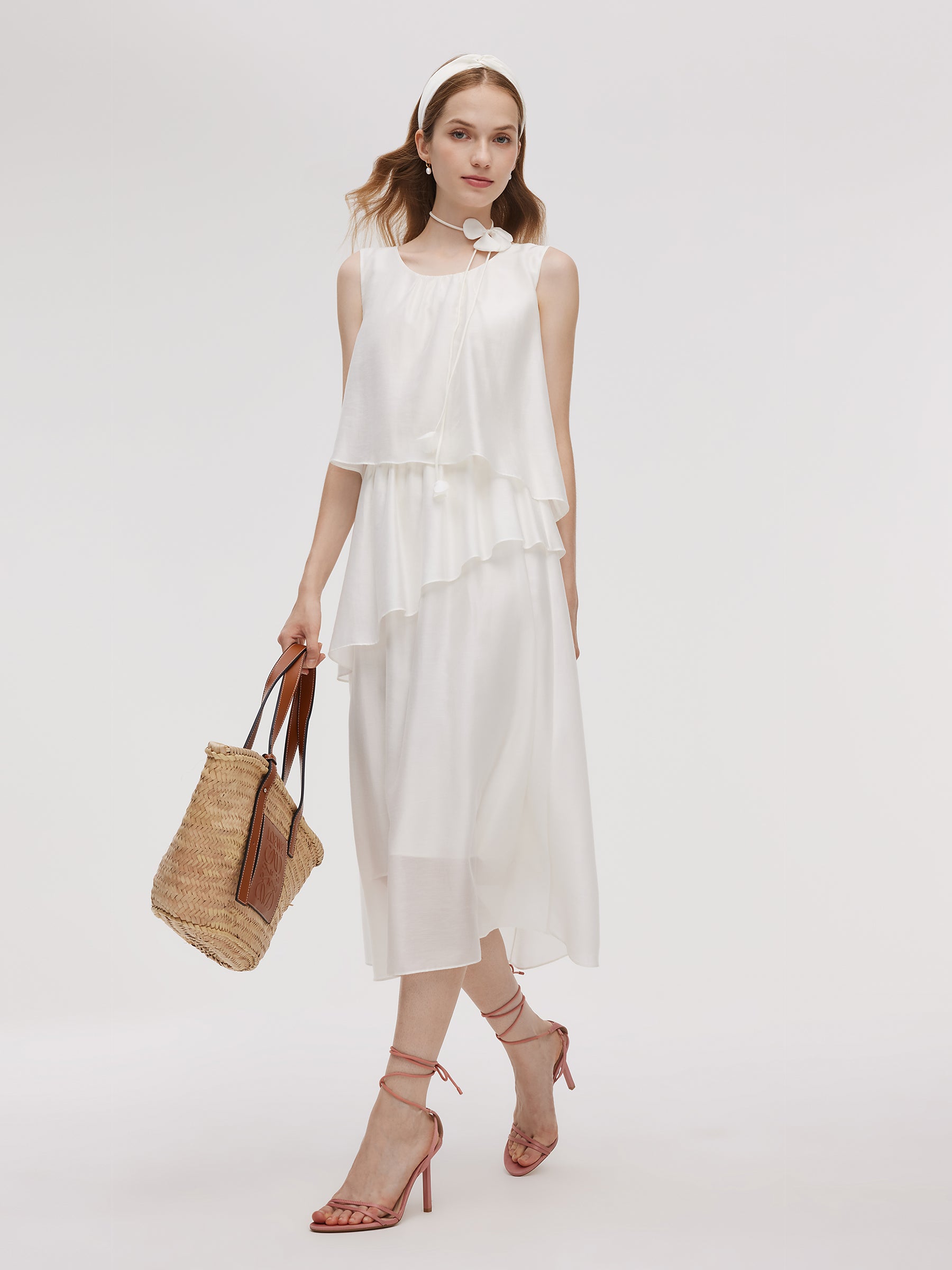 Tencel Blend Ruffle Women Tiered Sleeveless Midi Dress GOELIA