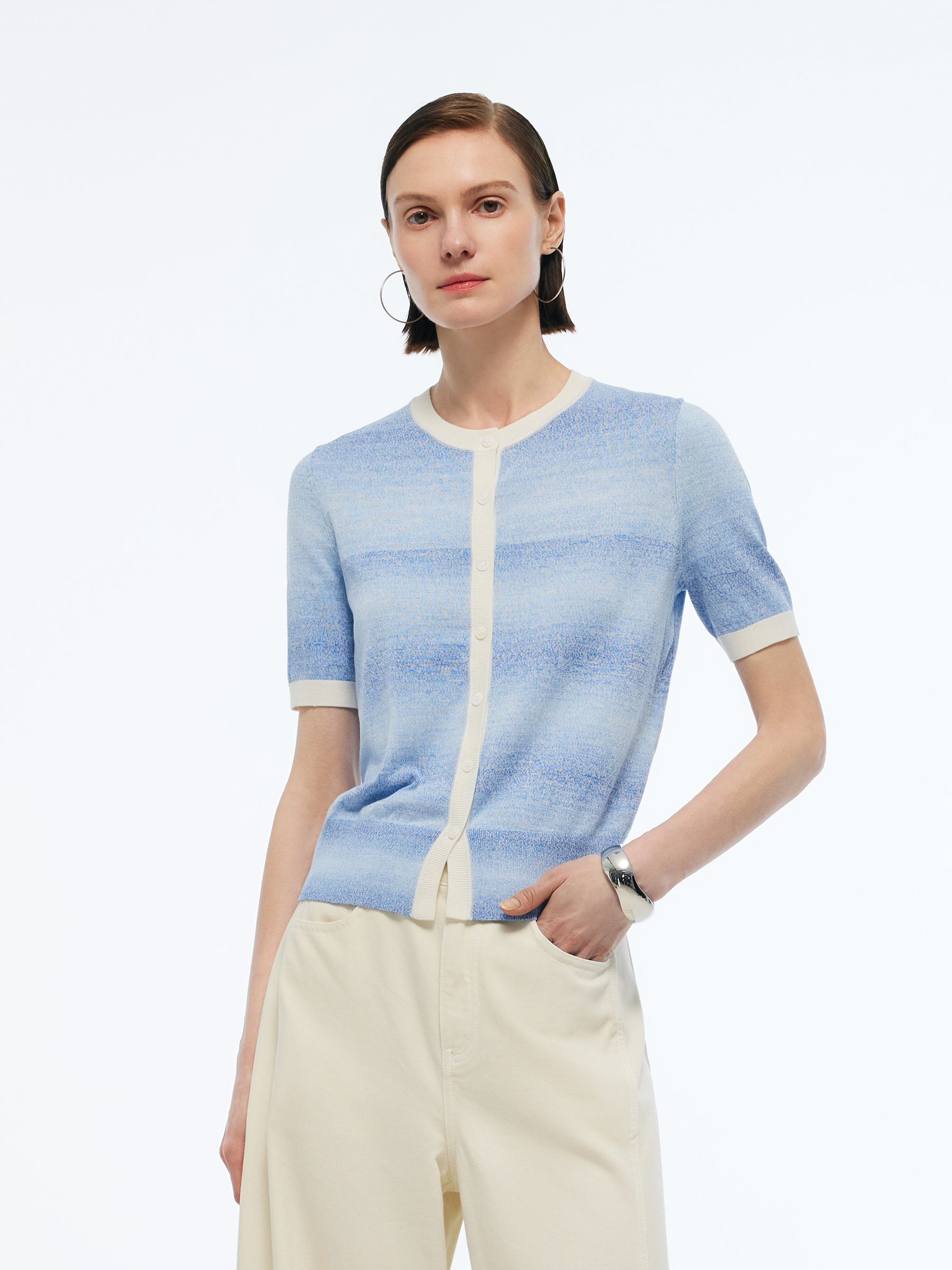 Blue And White Gradient Contrast Trim Women Cardigan GOELIA