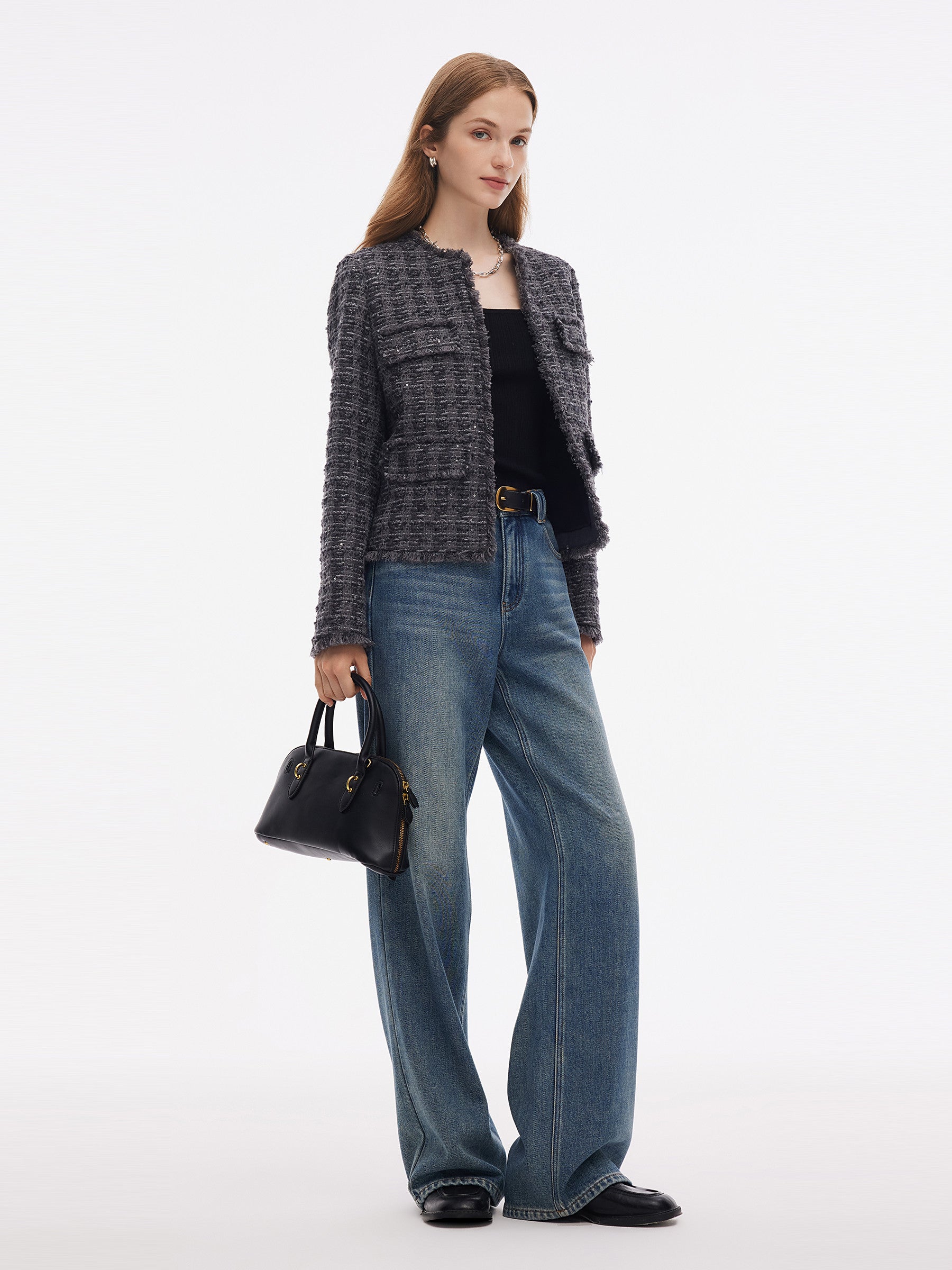 Wool Blend Sequins Tweed Women Frayed Edge Crop Jacket GOELIA