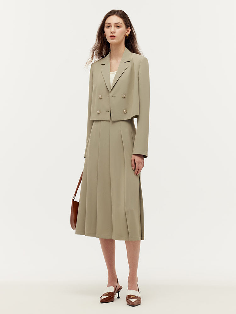 Crop Blazer And Camisole And Pleated Midi Skirt Three-Piece Set GOELIA