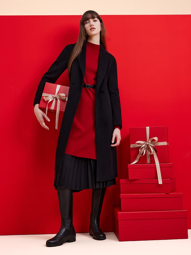 Mock Neck Long Sweater And Wool Pleated Skirt Two-Piece Set GOELIA