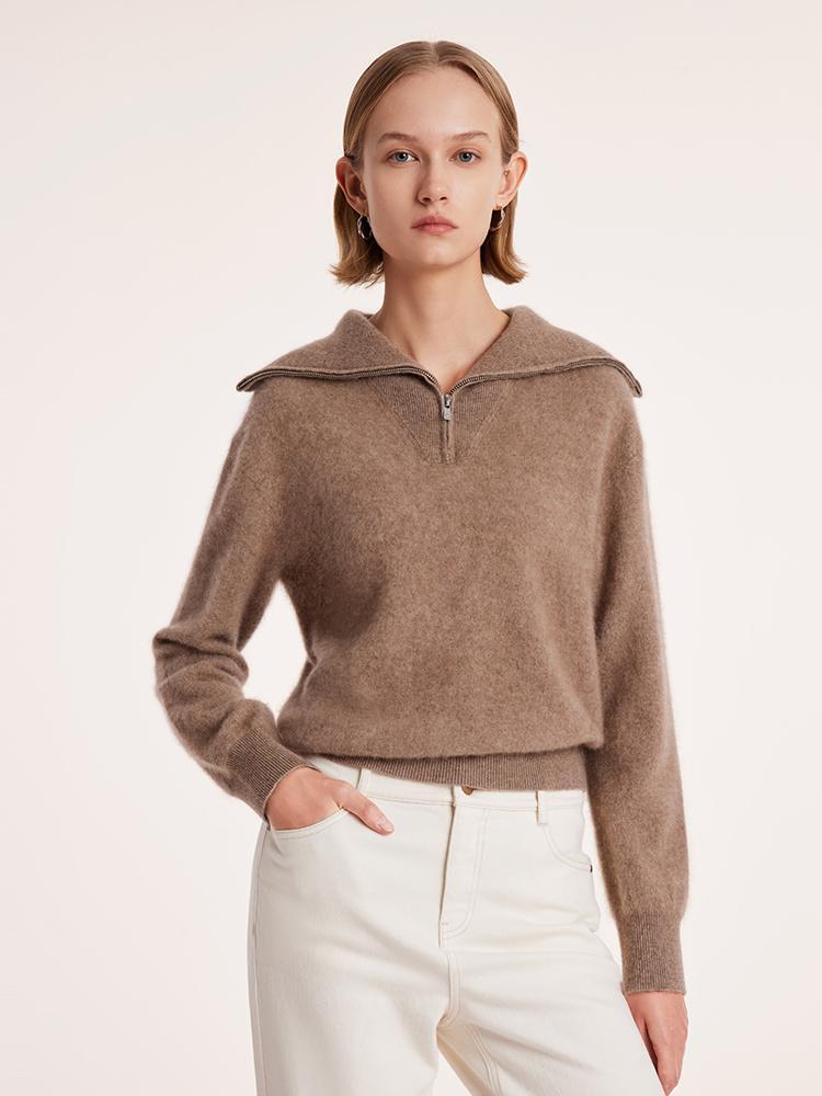 Pure Cashmere Zippered Lapel Women Sweater GOELIA