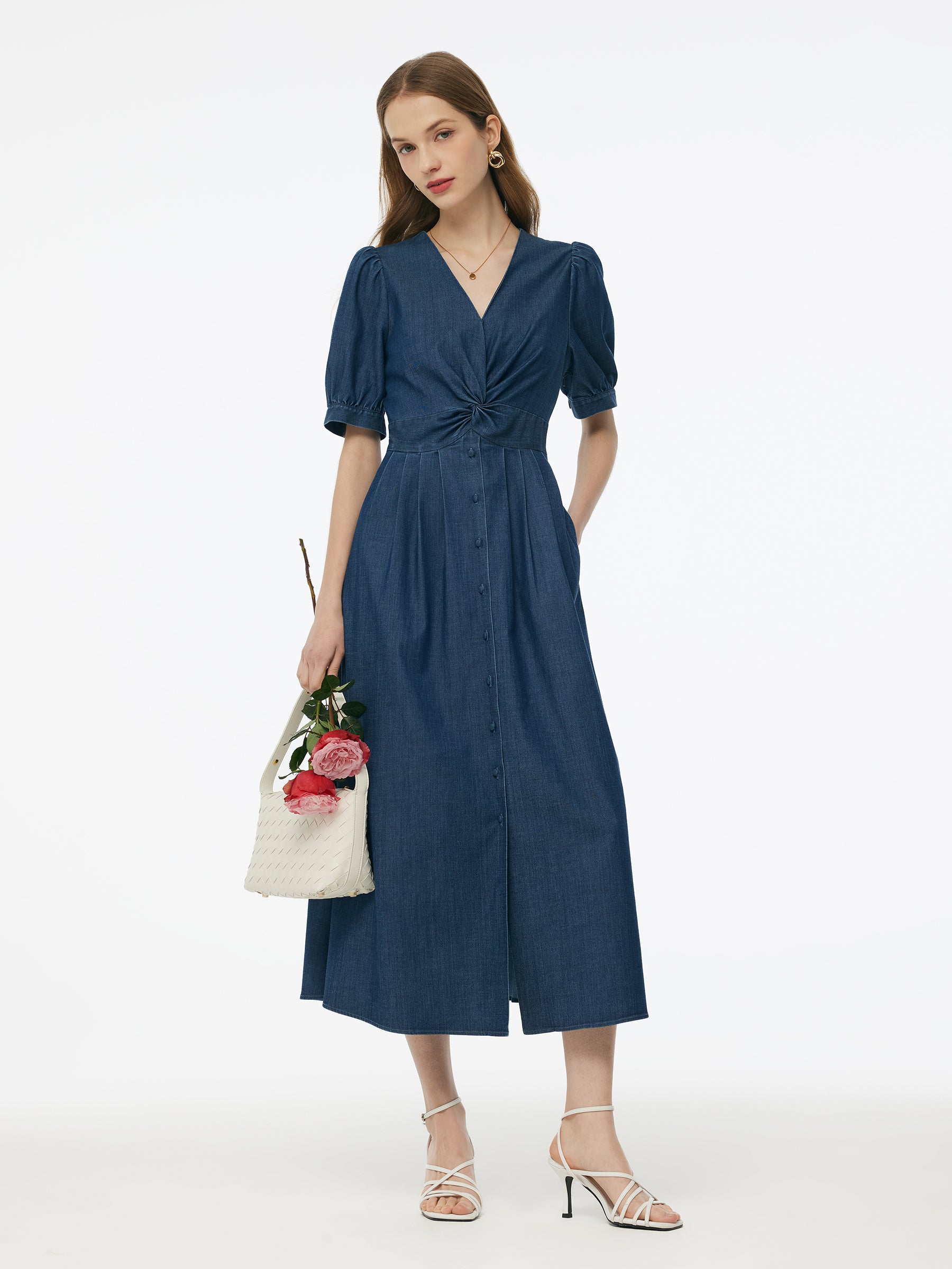 Denim Twist Front V-Neck Women Maxi Dress GOELIA