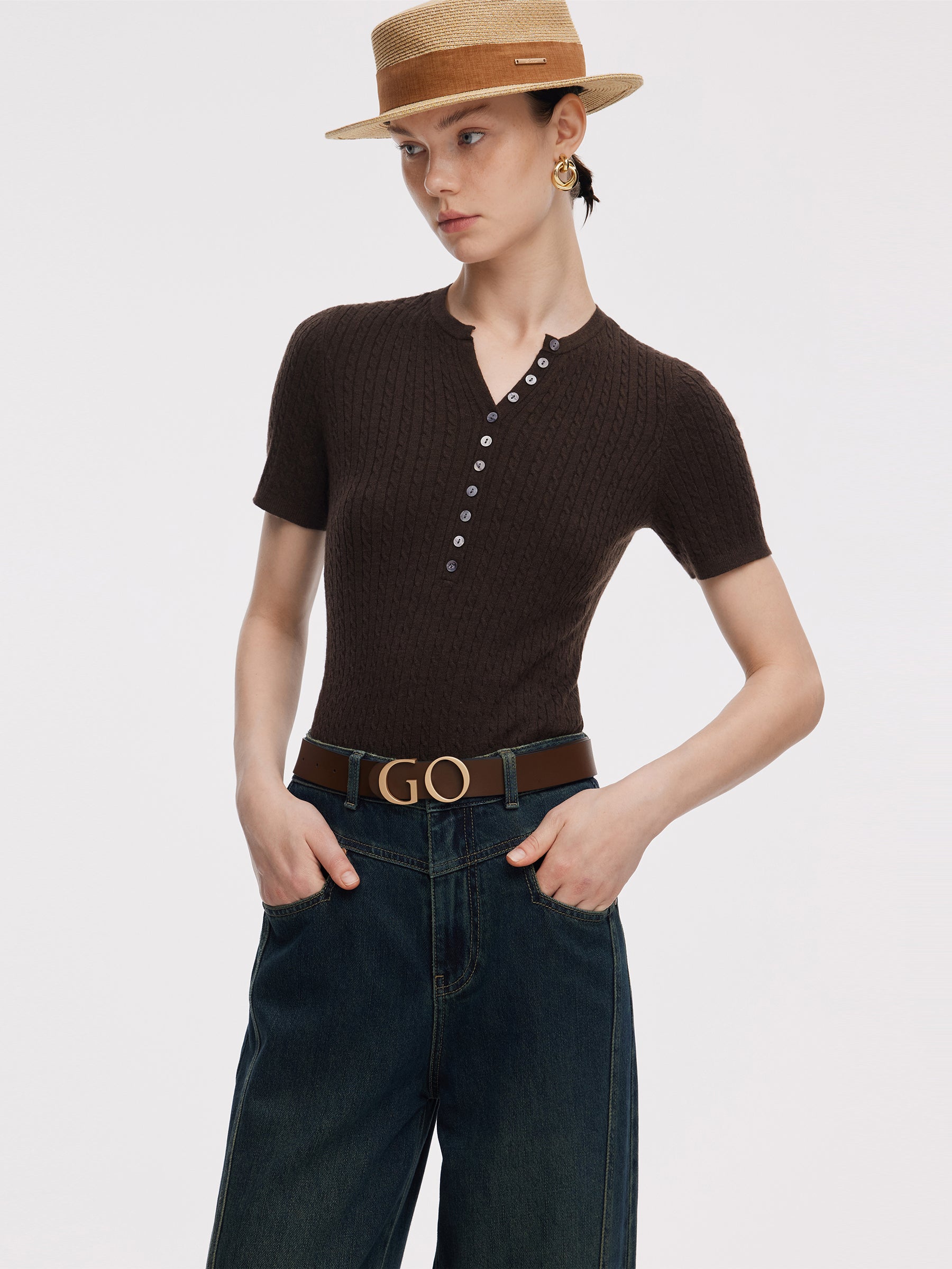 Henley Neck Women Knit Top GOELIA