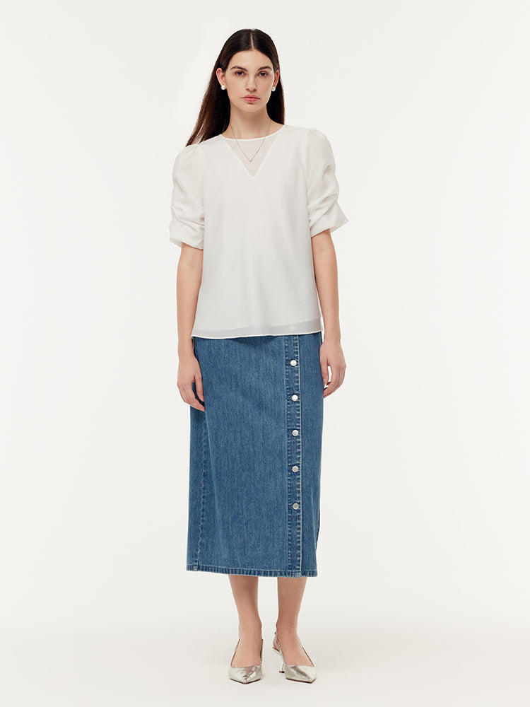 Acetate Ruched Puff Sleeve Women T-Shirt GOELIA