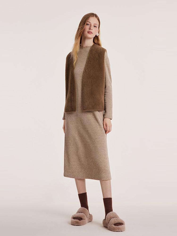 Slim Pinafore Dress And Faux Mink Vest Two-Piece Set With Belt GOELIA