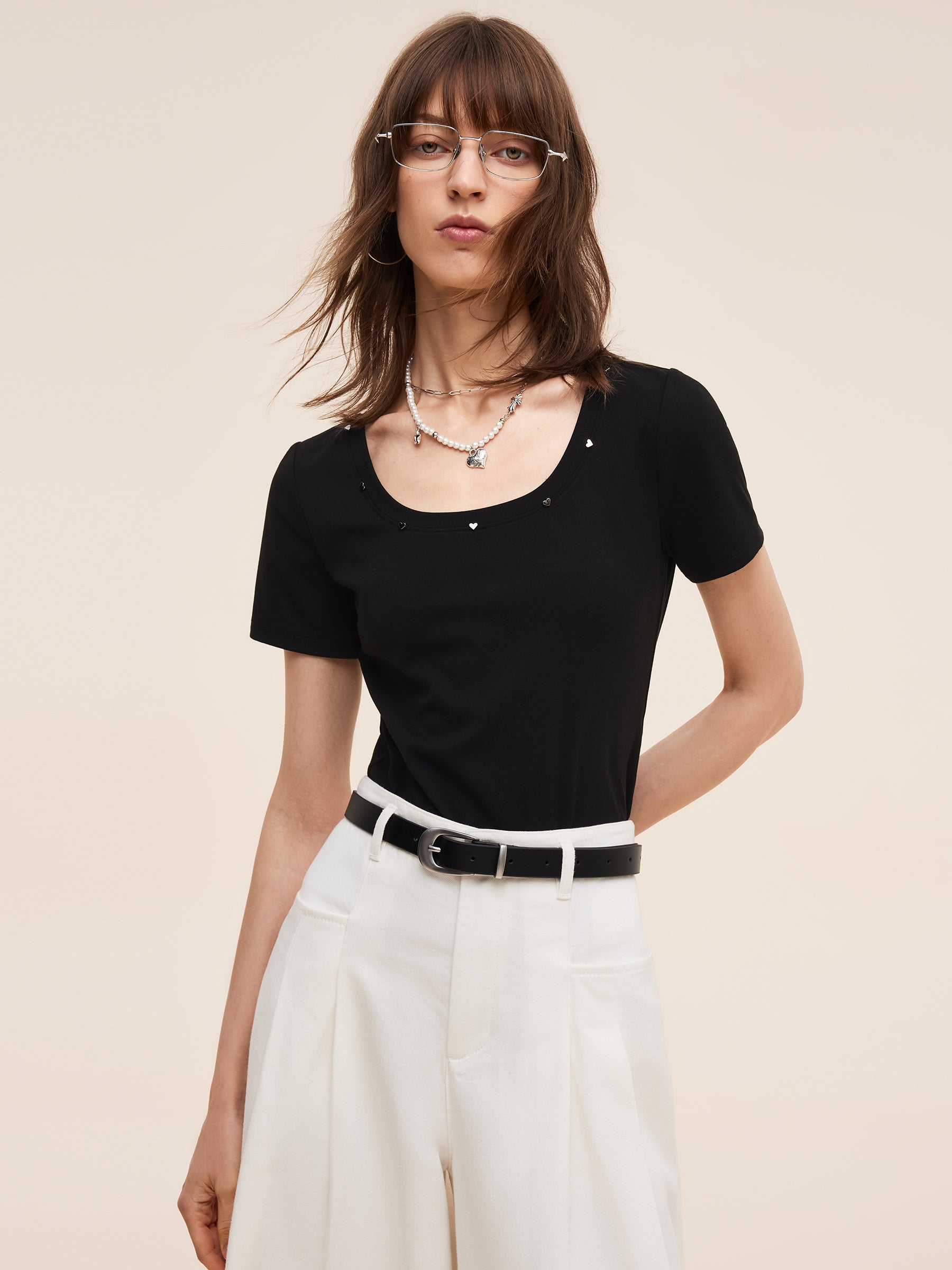 Square Neck Heart Decorated Women T-Shirt GOELIA