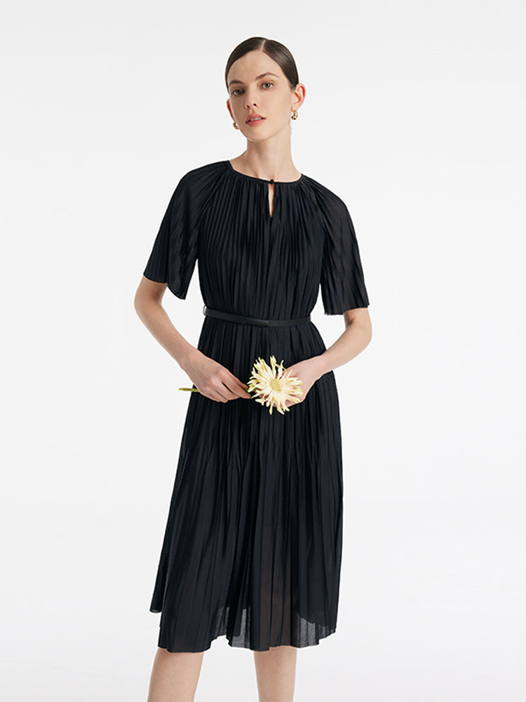 Pleated Round Neck Women Midi Dress With Leather Belt GOELIA