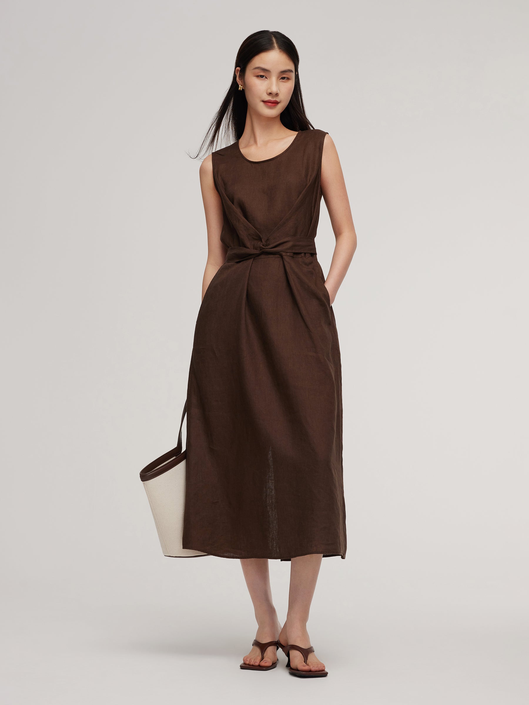 100% Linen Twist Front Women Sleeveless Maxi Dress, Brown / S 100% Linen Twist Front Women Sleeveless Maxi Dress, Brown / S