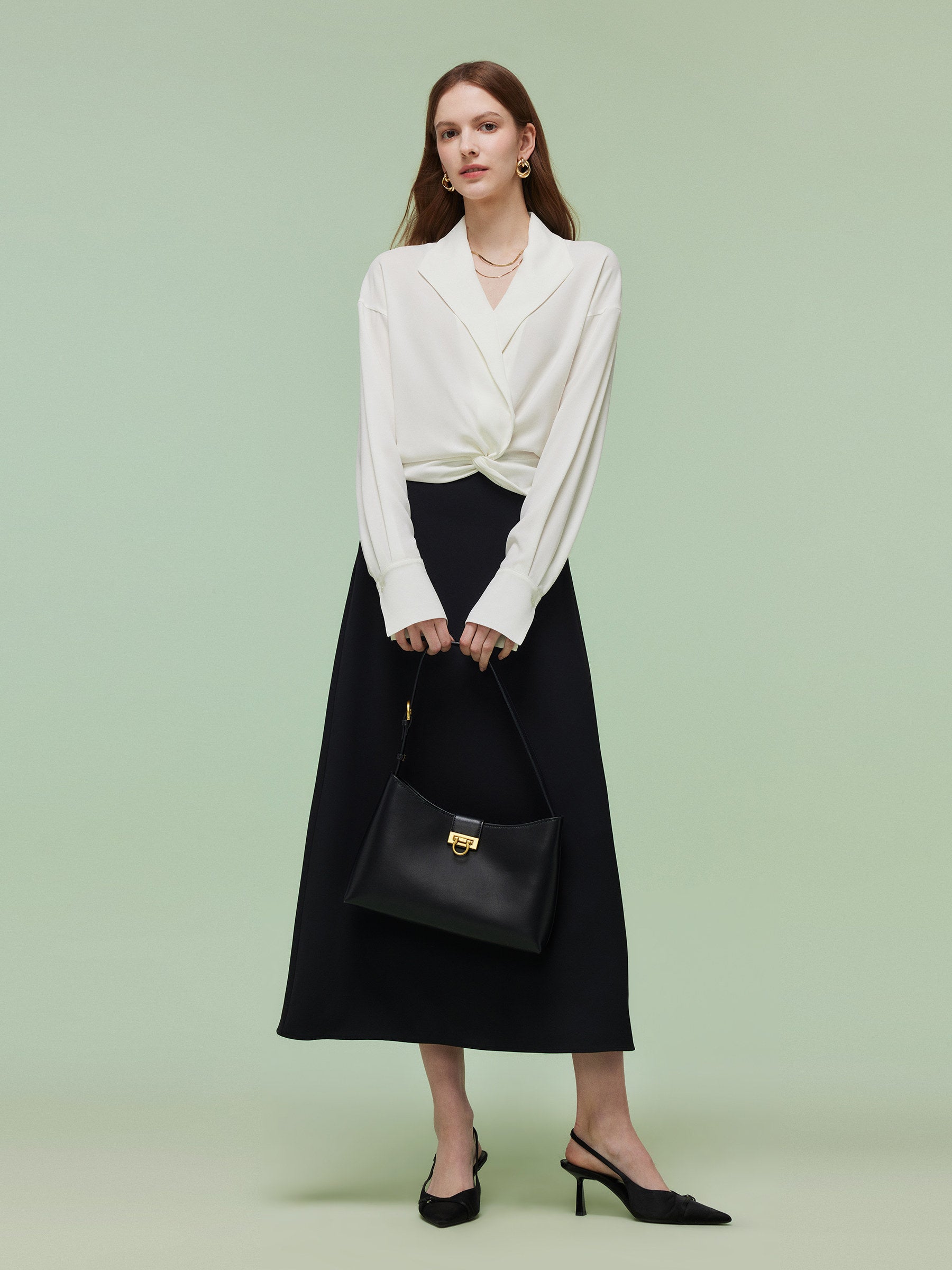 Acetate Blend Twist Front Blouse And Skirt Two-Piece Set GOELIA