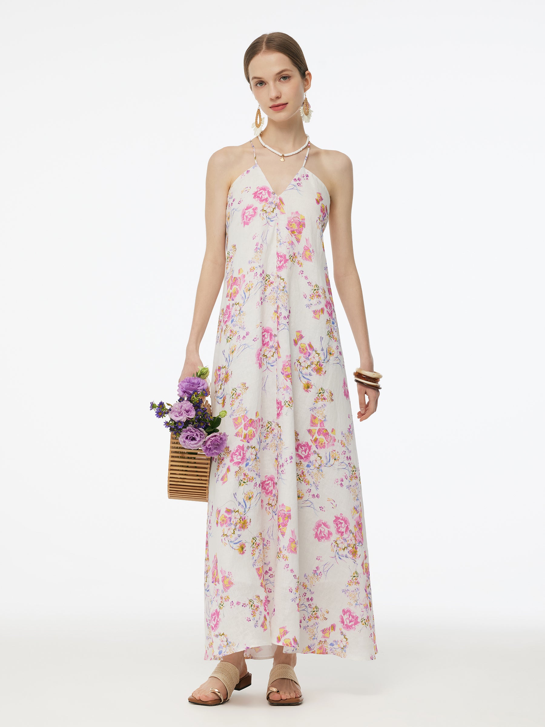100% Linen Rose Print Women Halterneck Slip Maxi Dress GOELIA