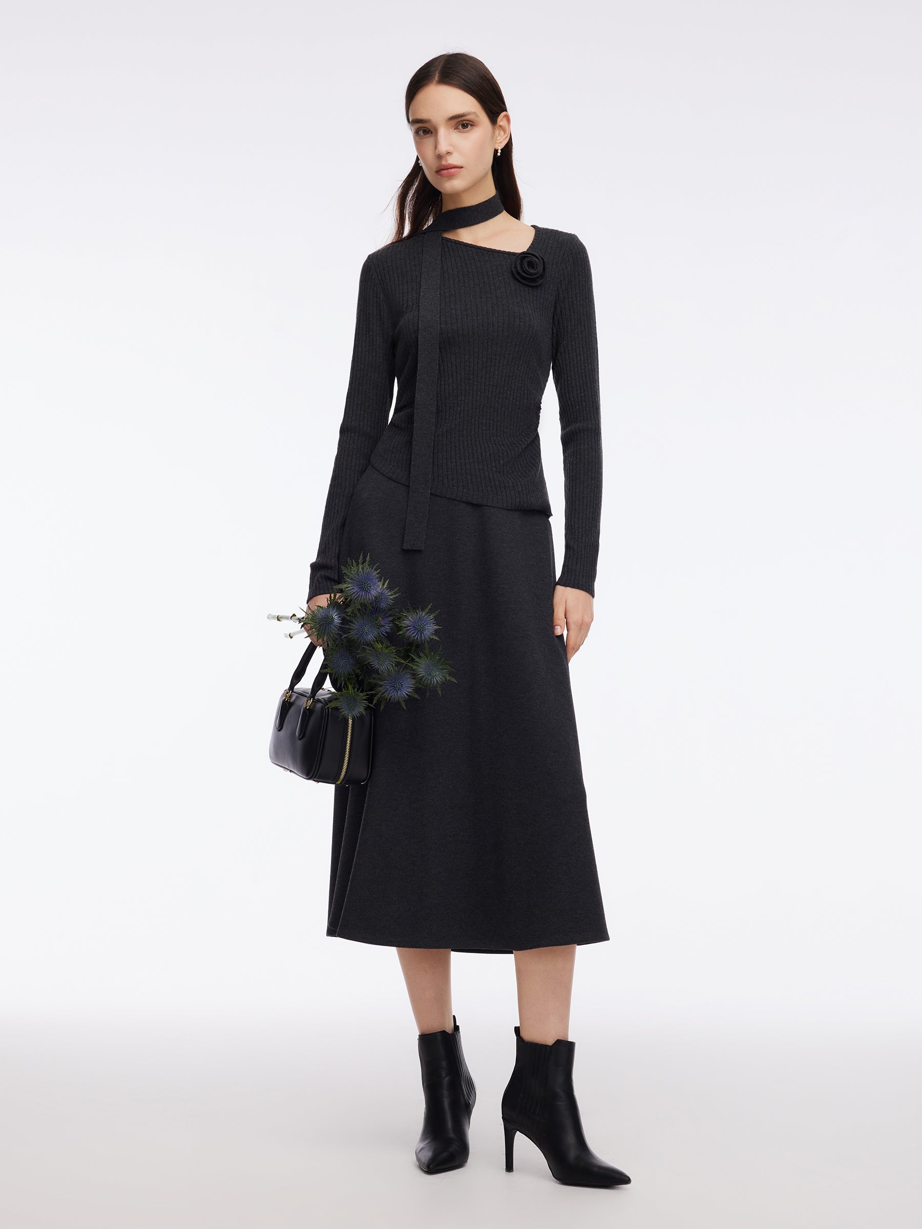 Asymmetrical Hem Knit Scarf Top And A-Line Skirt Two-Piece Set With Detachable Flower GOELIA