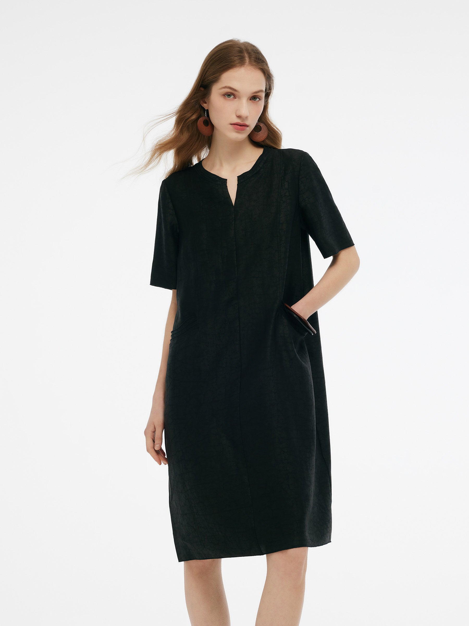18MM Xiang Yun Silk Pockets Women Loose Fit Midi Dress, Black / XS 18MM Xiang Yun Silk Pockets Women Loose Fit Midi Dress, Black / XS