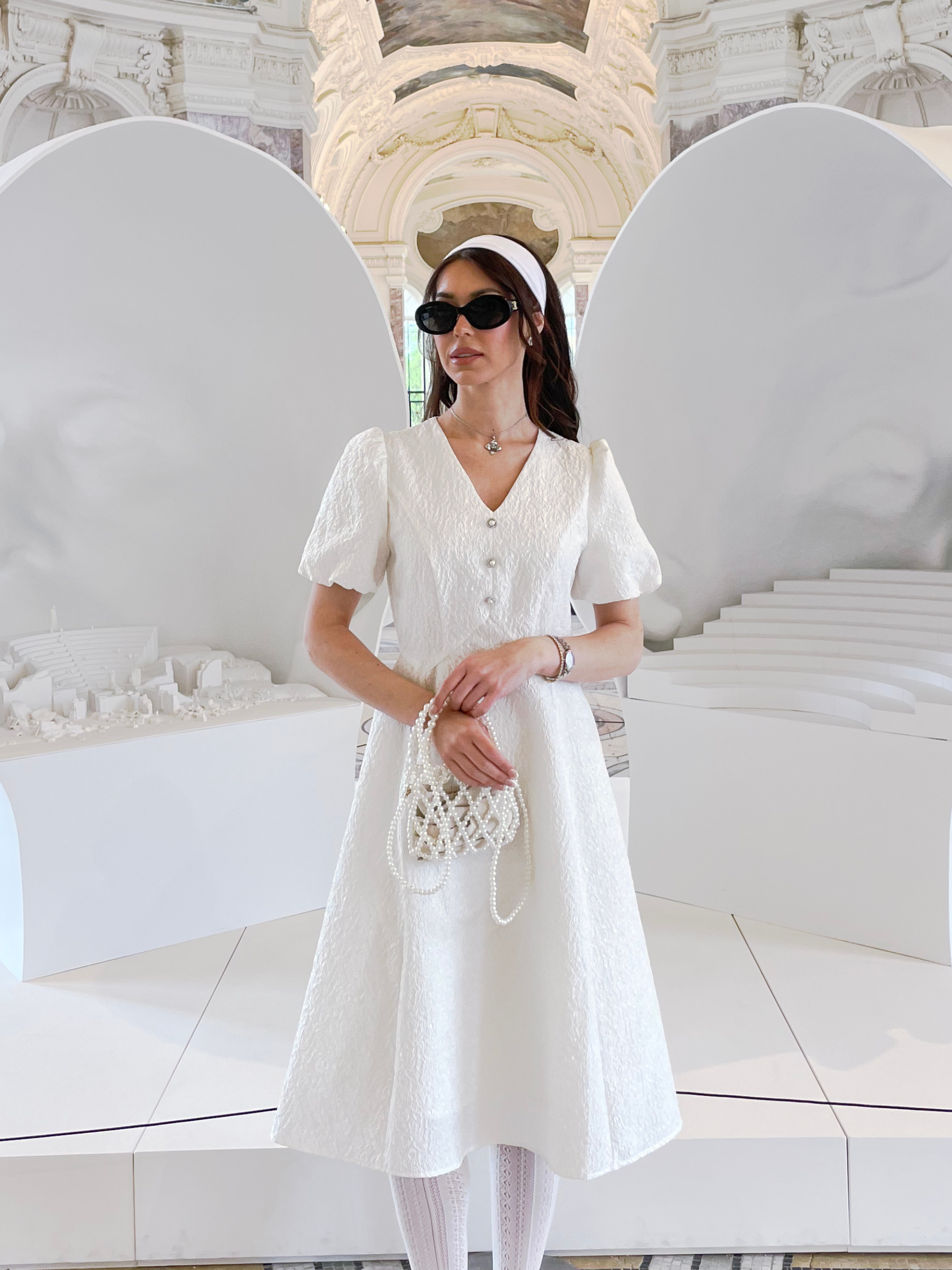 jacquard white midi dress Jacquard Puff Sleeve Women Midi Dress, White / S