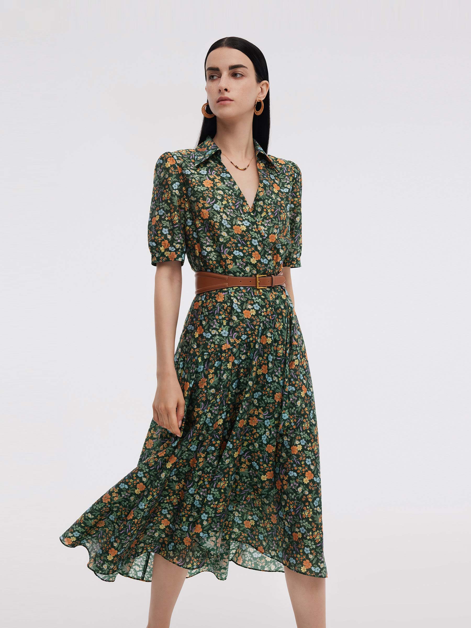 Tencel Blend Floral Print Women V-Neck Maxi Dress GOELIA