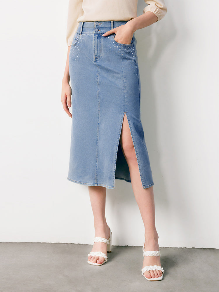 Blue High Waist Slit Denim Skirt GOELIA