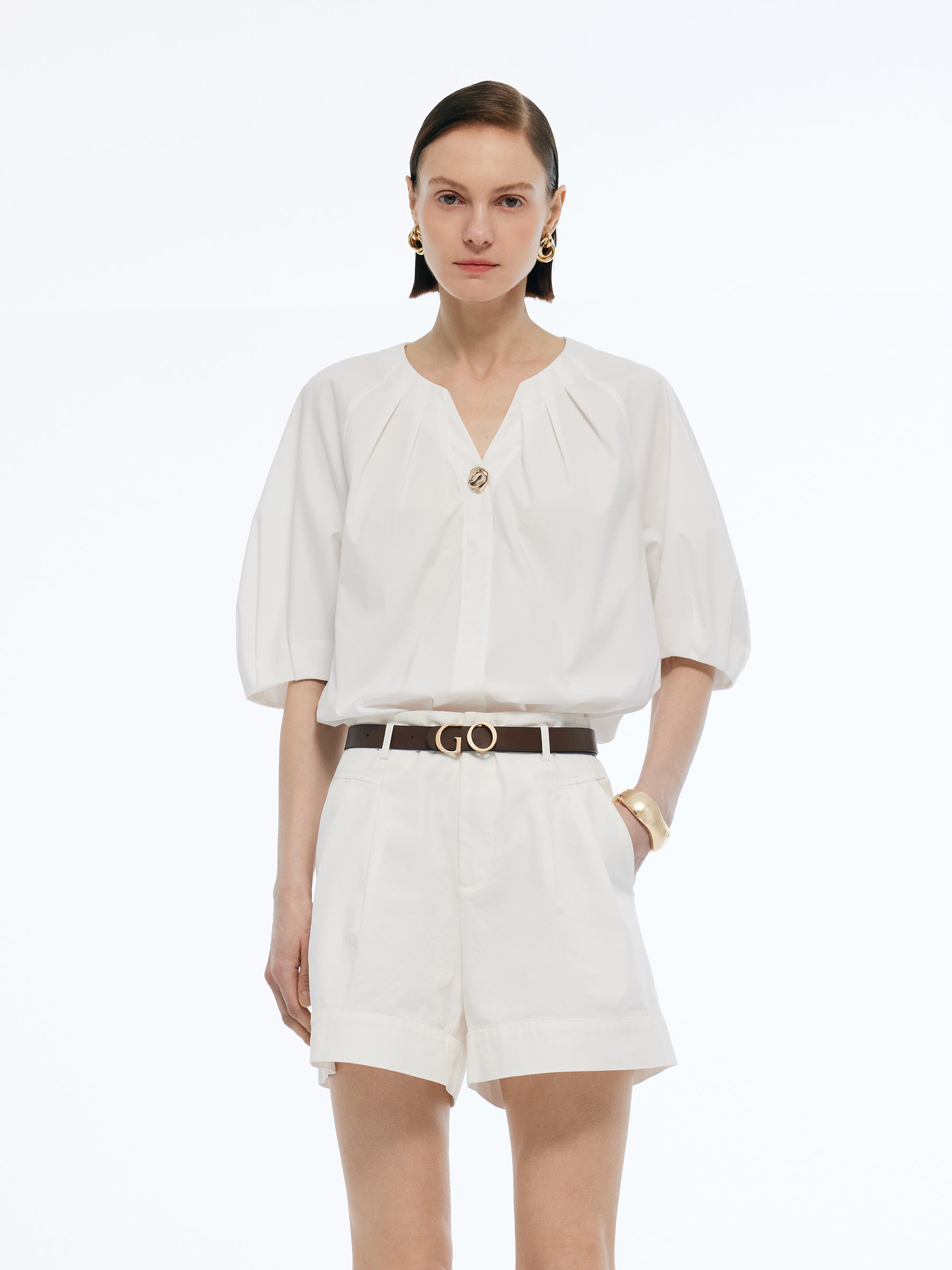 Volume Sleeve Women Pleat Neck Blouse GOELIA
