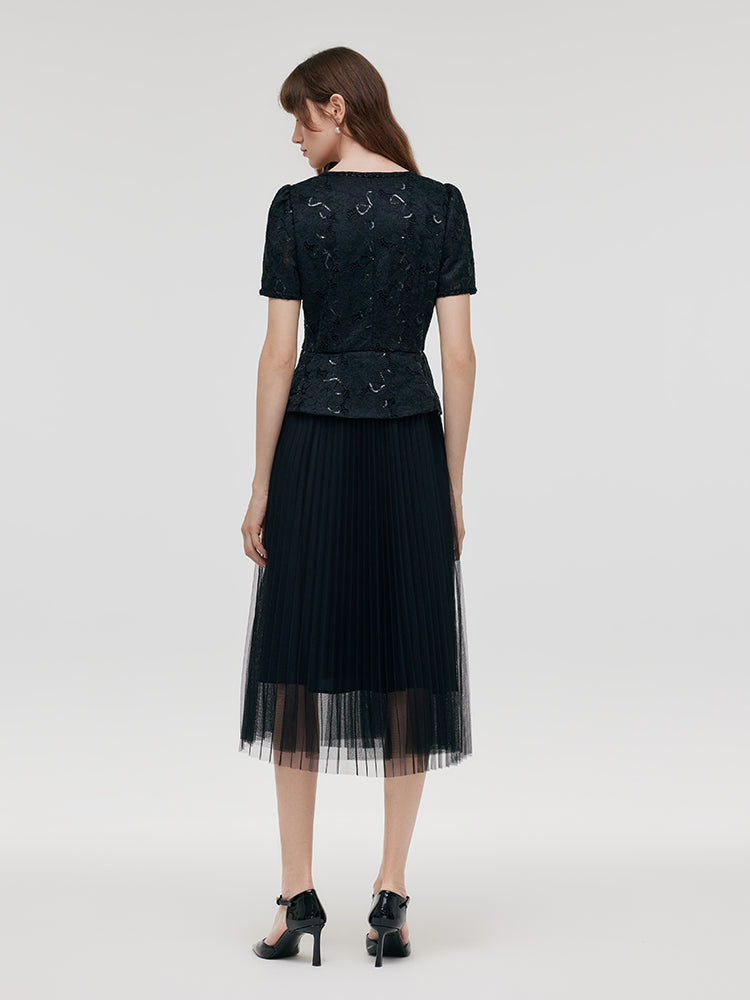 Lace Patchwork Tulle Women Midi Dress GOELIA