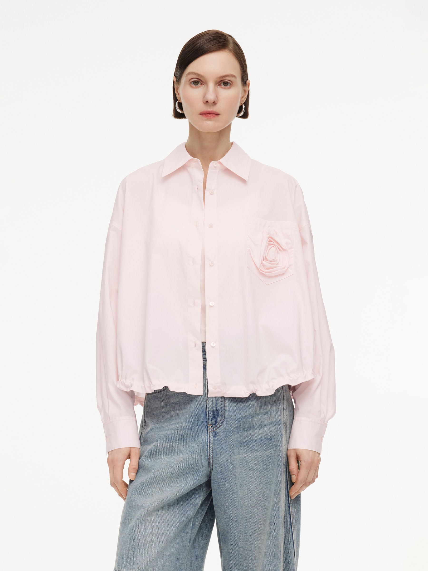 100% Cotton 3D Rose Women Loose Fit Shirt, Pearl / M