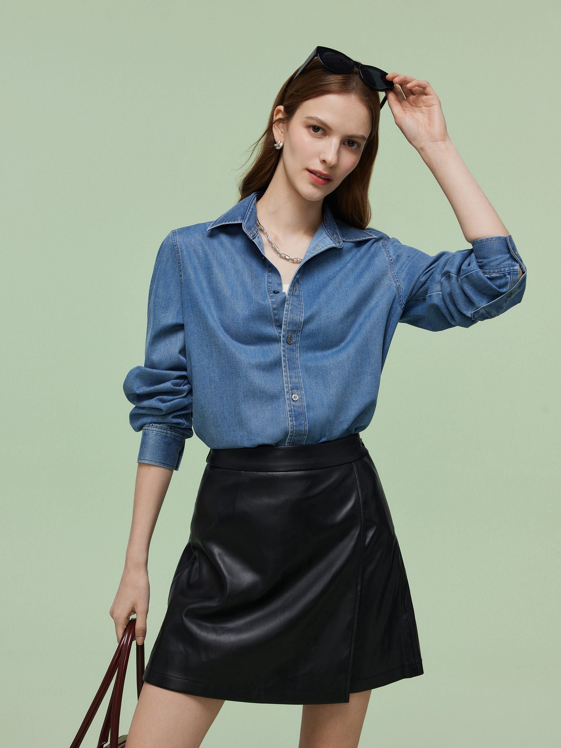 Denim Long Sleeve Women Shirt GOELIA