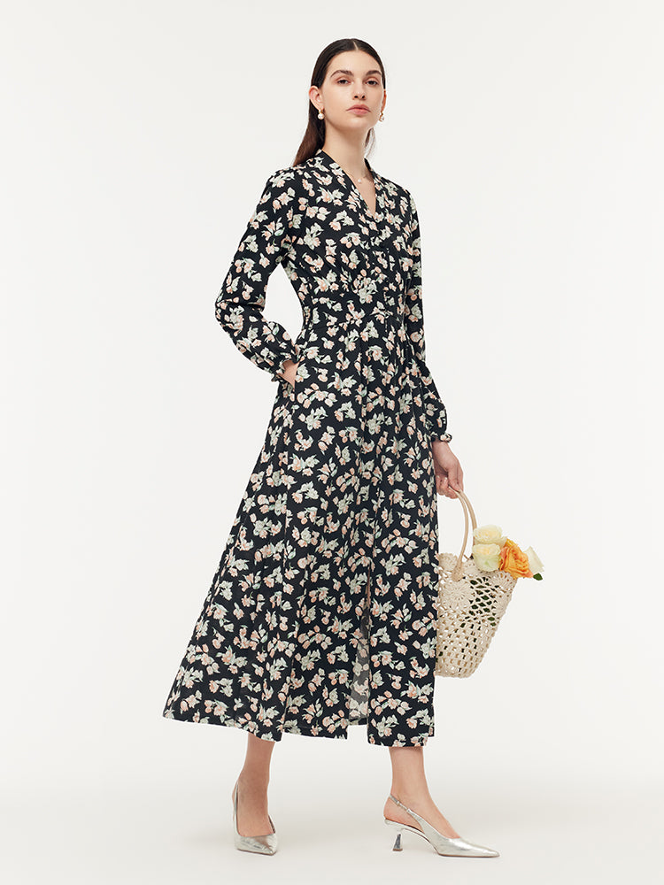 100% Cotton Floral Print Stretch Gathered Waist Women Maxi Dress GOELIA